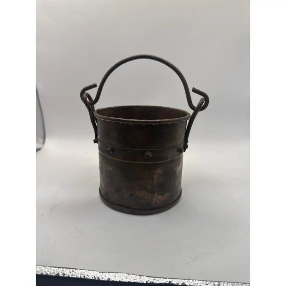 Antique Hand Hammered Copper Riveted Bucket With Iron Handles